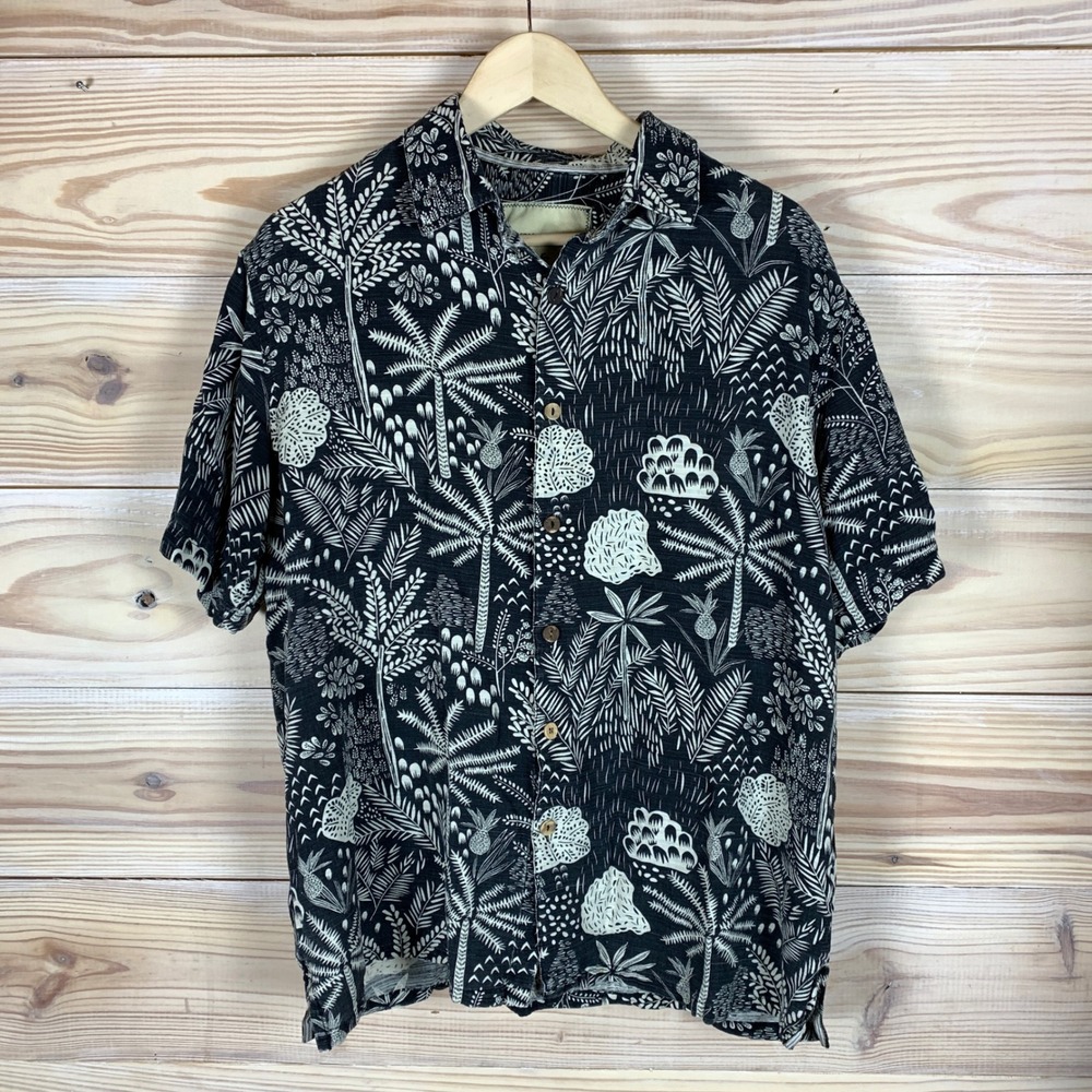 Island Republic‎ Shirt Mens XL Classic  Black Silk Tropical Palm Tree Camp Prep